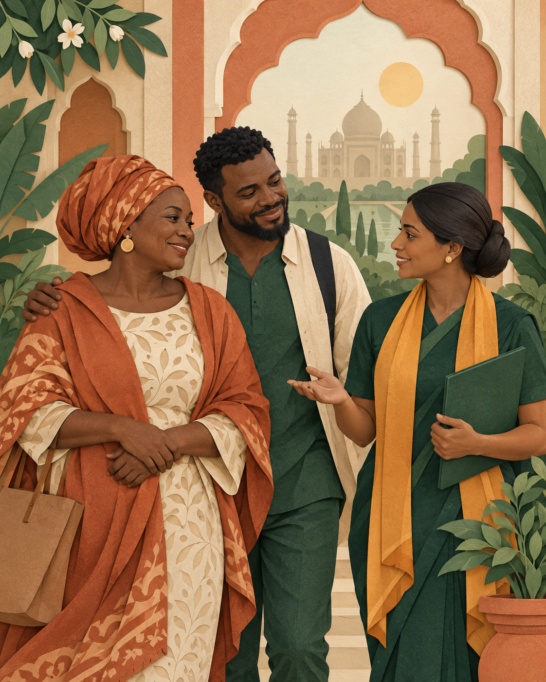Illustration de l’accompagnement d’une famille africaine dans son voyage en Inde